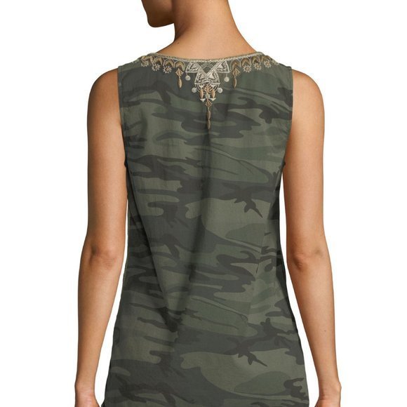 Johnny Was Terraza Camo-Print‎ Embroidered Sleeveless Cotton Shirt Tank Top - Picture 3 of 14